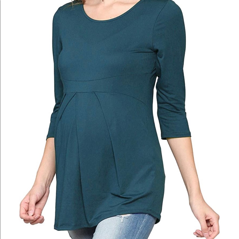 Maternity Top, Teal 3/4 Sleeve, Pleated Front - Size XL
